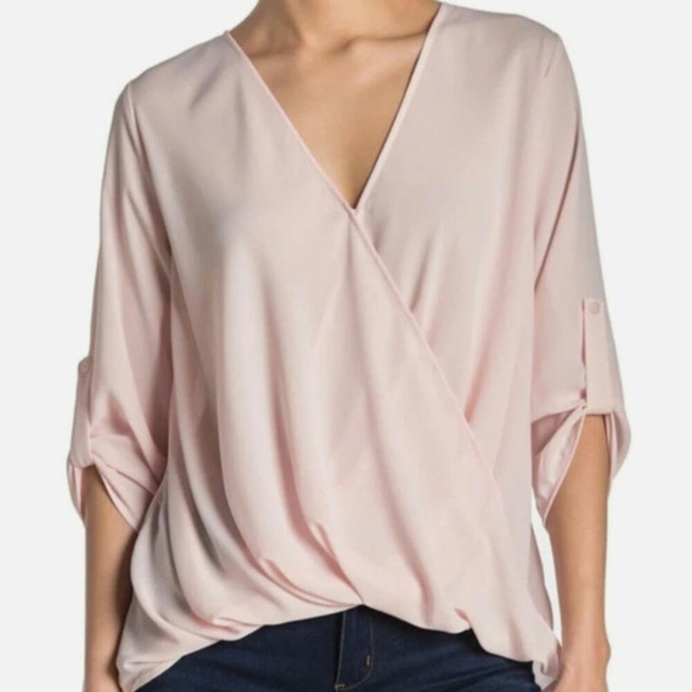 Lush Surplice Draped High/Low Blouse in a pale blush pink large